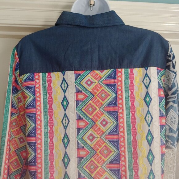 John Mark  Embroidered Patch Lacey Colorful Button L-Sleeve Shirt S - Picture 11 of 15